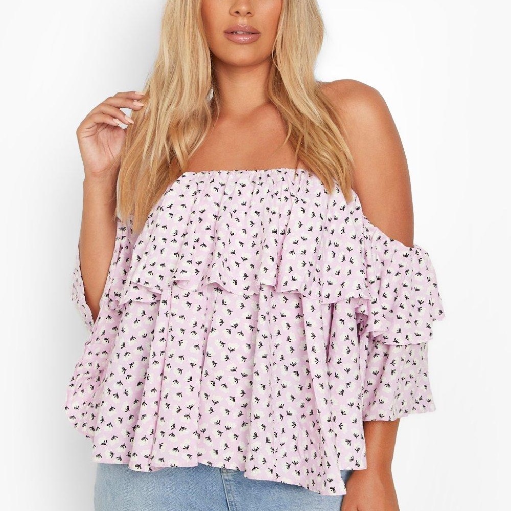NEW Boohoo Purple DITSY FLORAL TIERED BARDOT Off The Shoulder Top Size 20